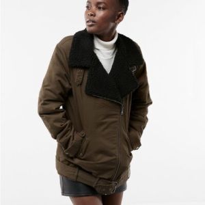 Express Olive Black Fleece Asymmetrical Bomber Jacket